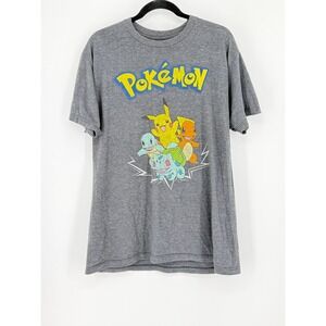 Pokemon Mens Large y2k Grey Graphic T-Shirt Pikachu Charmander Bulbasaur 733